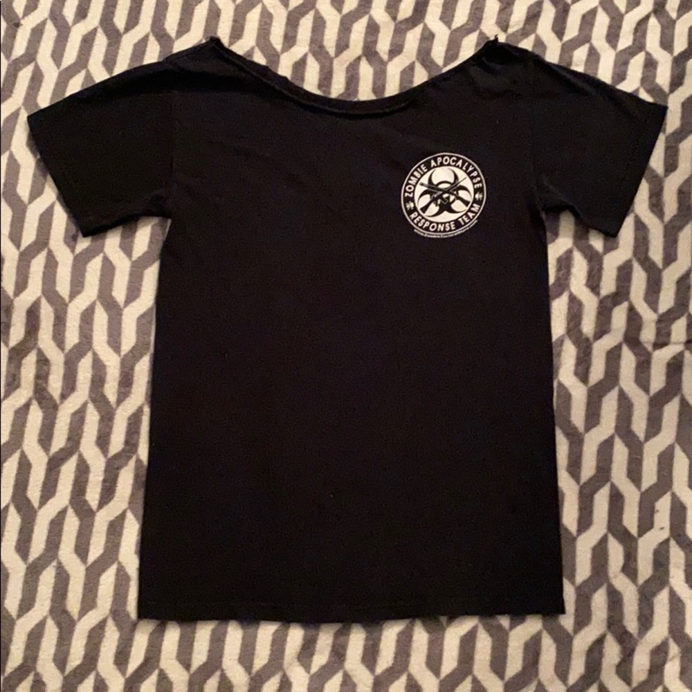 Custom cut zombie apocalypse off the shoulder tee